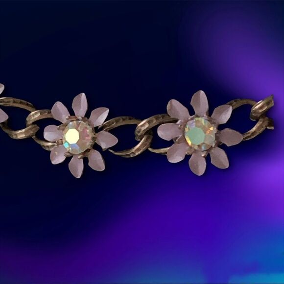 Vintage enamel lavender metal flower ab crystal  floral link necklace 15” - Picture 7 of 14
